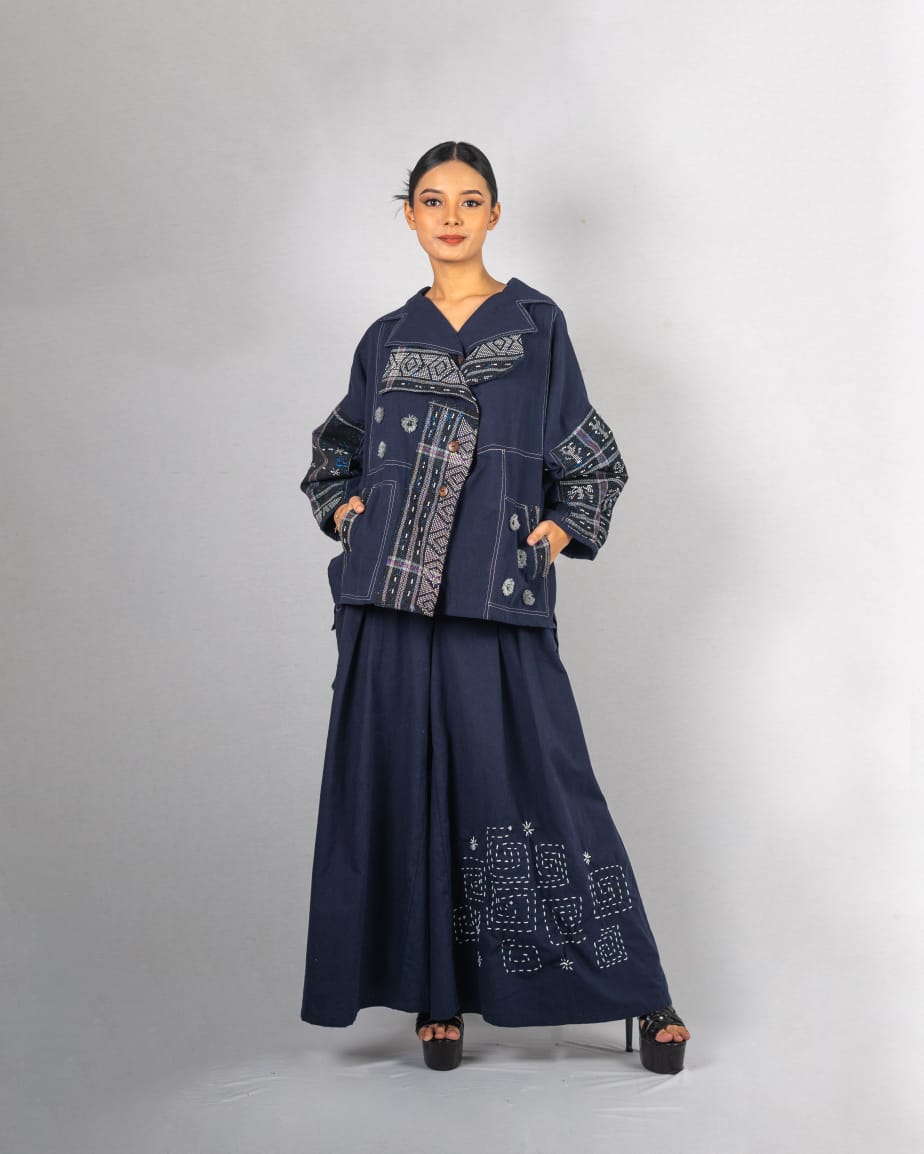 Hande-Hande Batak Toba Blazer Blouse with Sashiko Embroidery & Culotte Skirt