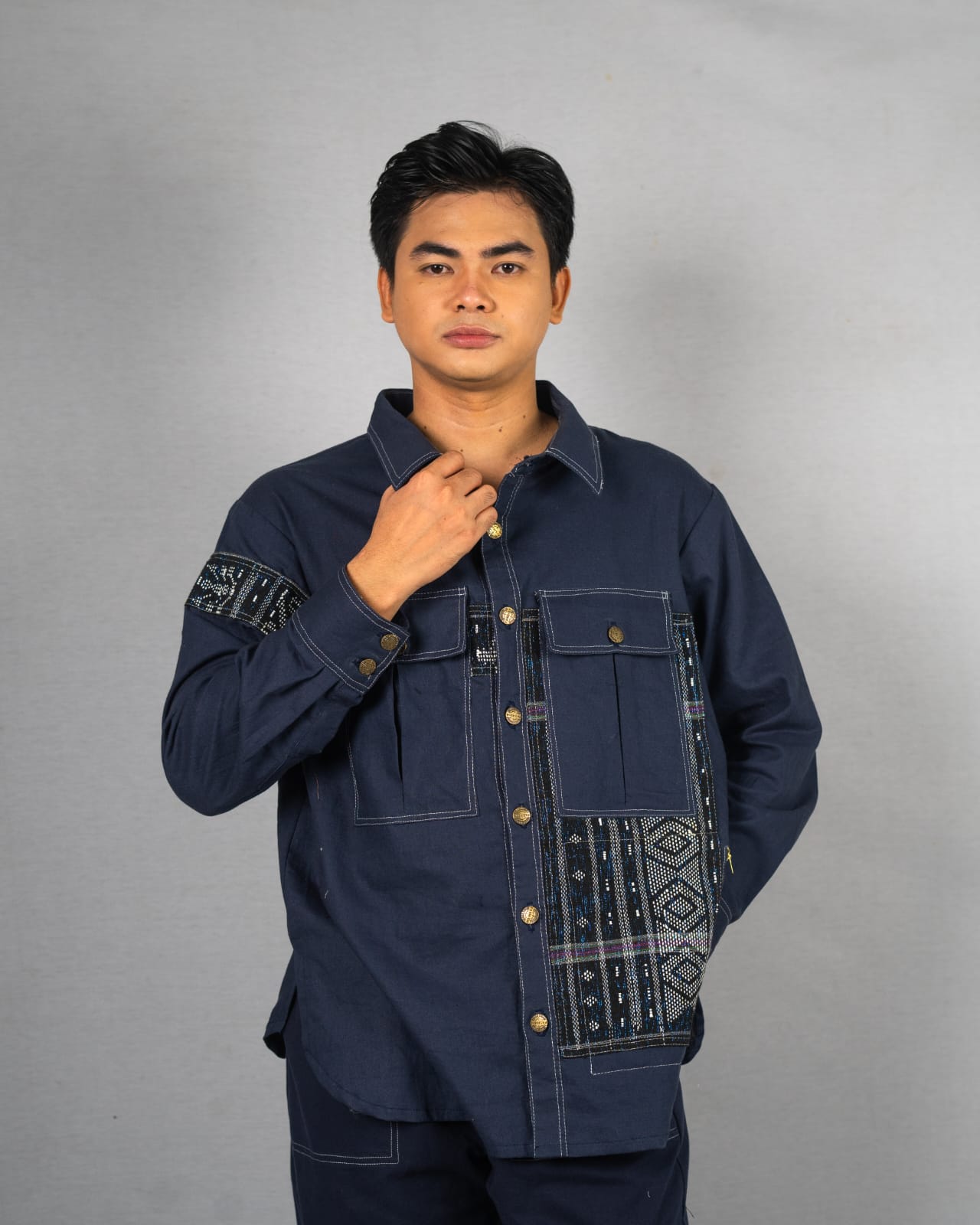 Linen Shirt with Batak Toba Ulos & Stripe Stitch Accents